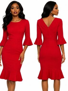 White House Black Market Red Fitted Dress Fluted Sleeves/Hem OOP